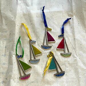 Set of 5 Silver Tone Painted Sailboat Ornaments-New!